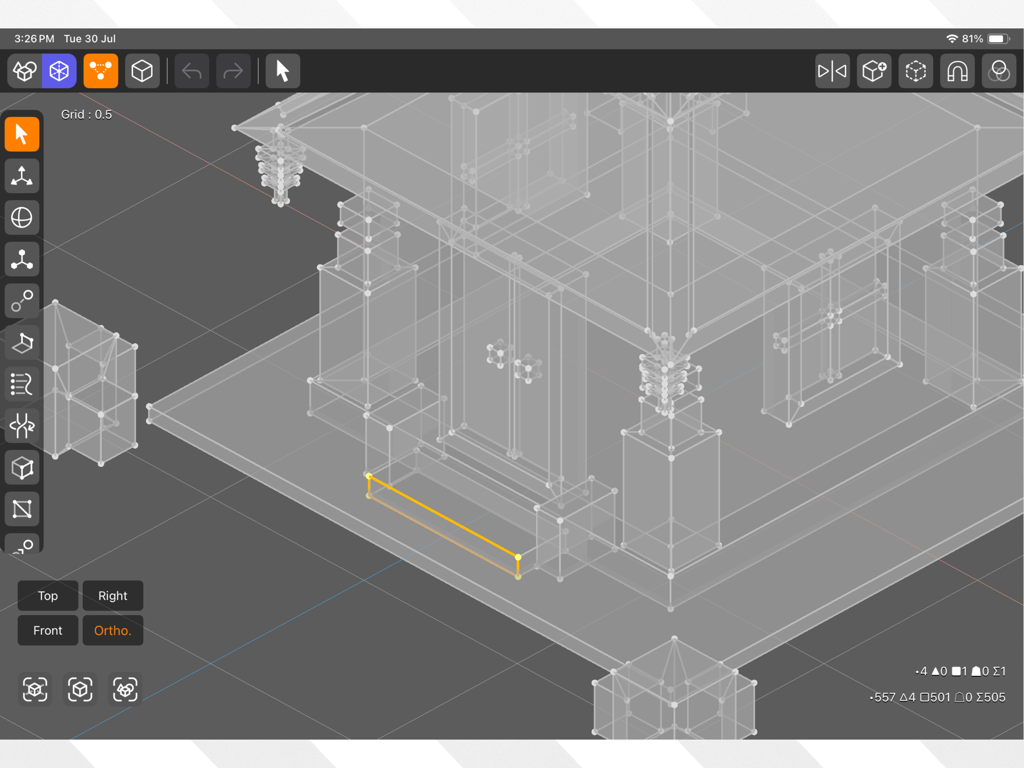 Interfaccia dell'app DGArt su iPad che mostra un modello 3D wireframe di un edificio in fase di modifica