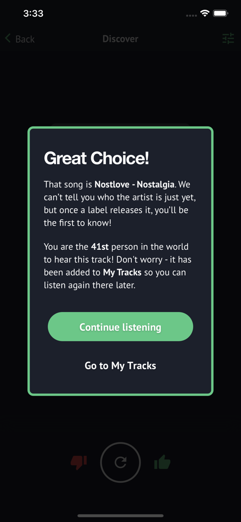 The LabelRadar app displaying a message to an early listener of a new music demo
