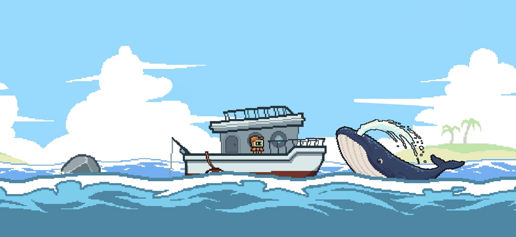 Scale the Depths - A pixel art robot standing on a fishing boat next to a breaching whale in the ocean