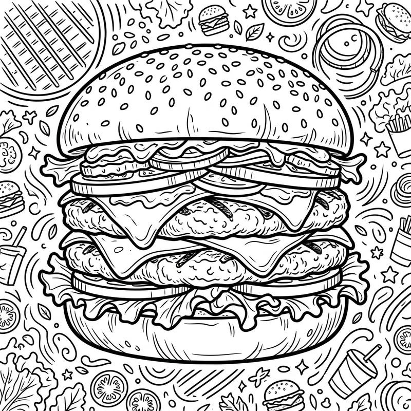Dive into a delicious coloring experience with our Classic Beef Patty Burger template, stacked high with juicy patties and fresh toppings. This detailed food art is perfect for anyone looking to add vibrant colors to their favorite meal.