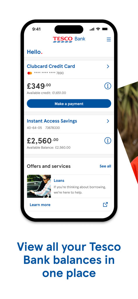 Mobile dashboard of the Tesco Bank app showing credit card and savings account balances in one place