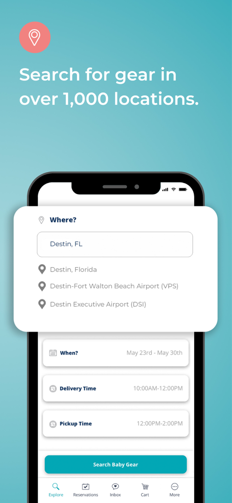 BabyQuip - Baby Gear Rentals - 1,000以上の場所でベビー用品をレンタルするためのBabyQuipモバイルアプリの検索インターフェース。
