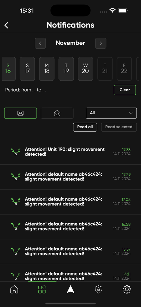 SIZZAPP Pro - Notification history in the SIZZAPP Pro app showing vehicle movement alerts.