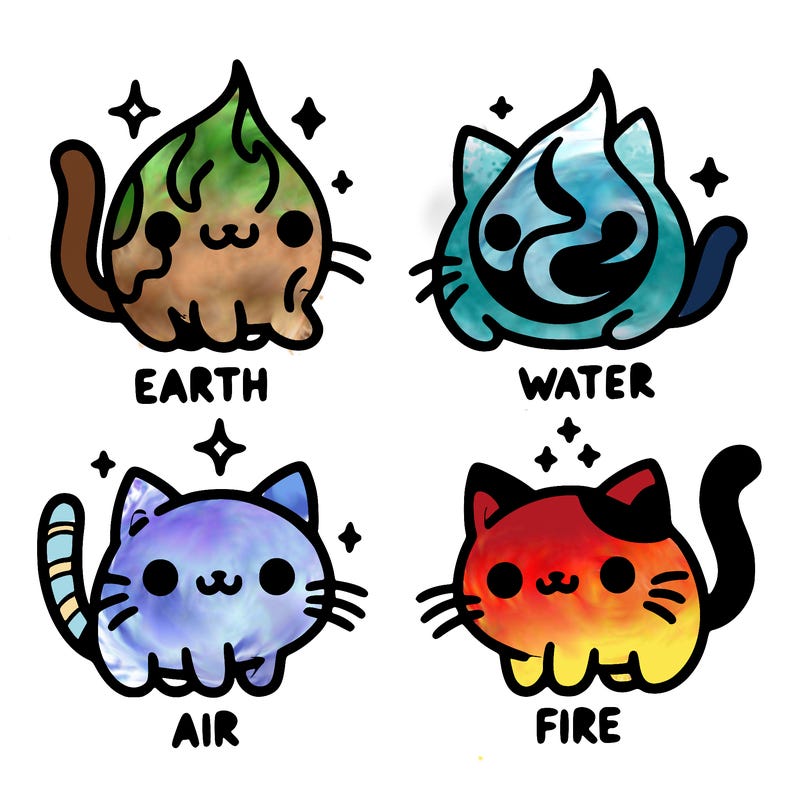 4 cats that represent the different elements, earth, water, air, and fire