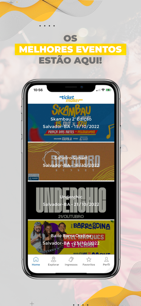 Mobile App-Oberfläche von Ticket Maker, die eine Liste brasilianischer Musikveranstaltungen und Partys mit Daten und Orten anzeigt