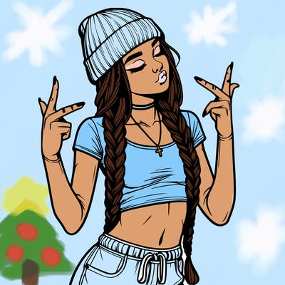 realistic teenage girl with braids and a beanie and crop top doing 🫶🏼