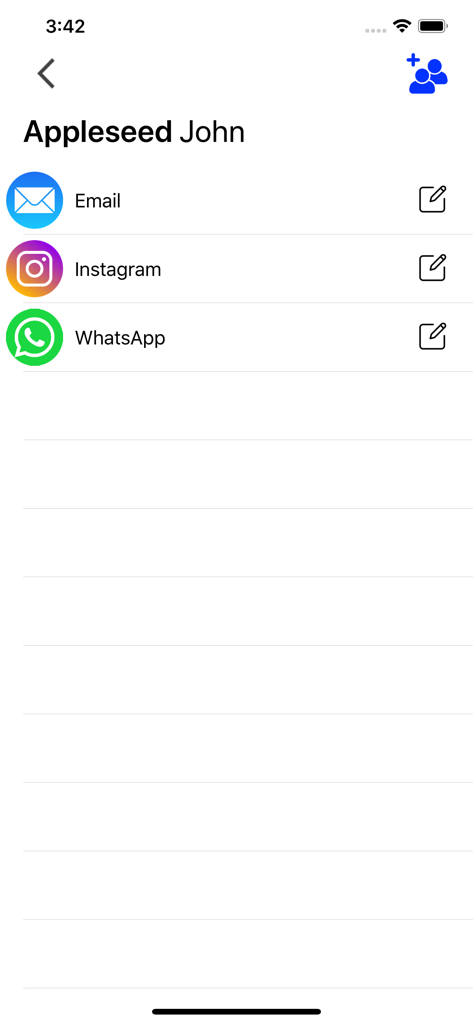 Profile screen for a contact named John Appleseed showing integrated links for Email, Instagram, and WhatsApp
