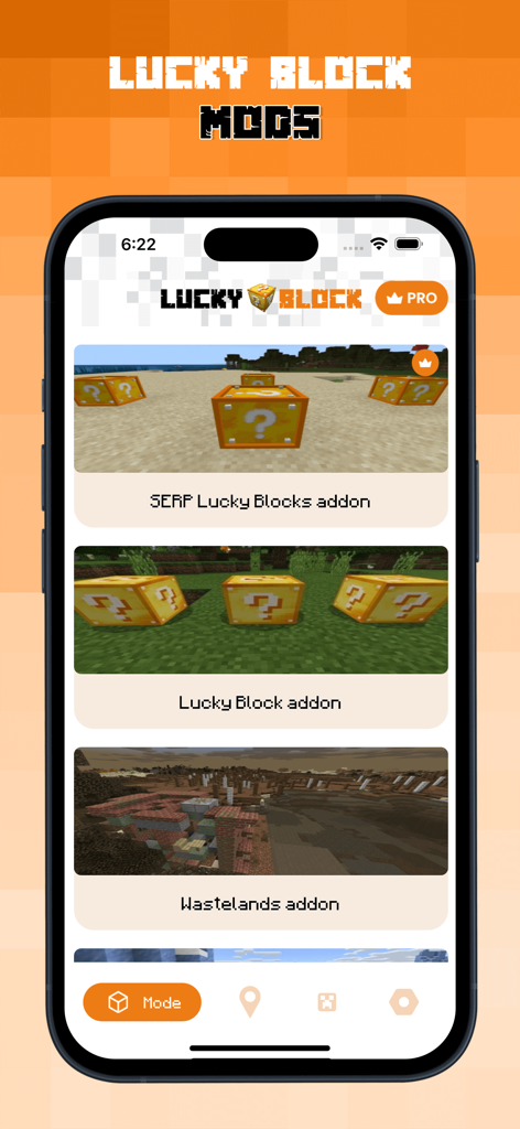 New Lucky Block Mod for MCPE - Una lista de complementos (addons) de Lucky Block y Wasteland disponibles para Minecraft PE dentro de la interfaz de la aplicación