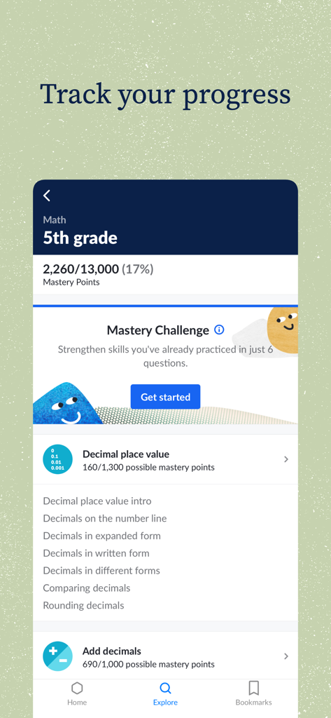 Khan Academy - Khan Academy app interface showing fifth grade math learning progress and mastery points