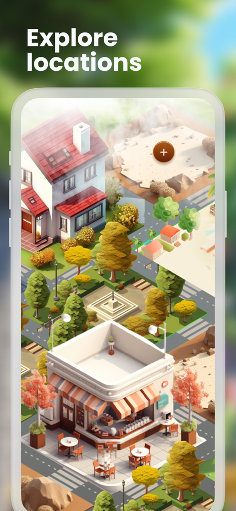 Enjoy - AI Town: the Game - Isometric view of a town neighborhood with a cafe and houses to explore in Enjoy AI Town