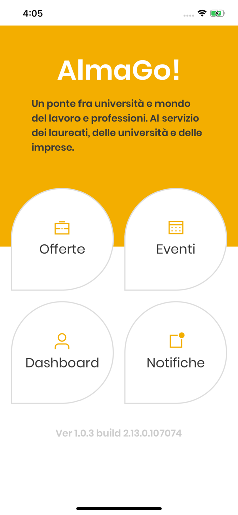 AlmaGo - AlmaGo app home screen showing main menu with job offers and events icons