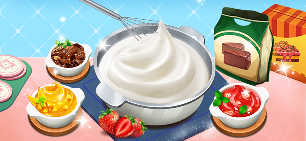 ホイップクリームのボウル、チョコレート、イチゴ、マンゴーソースに囲まれています。