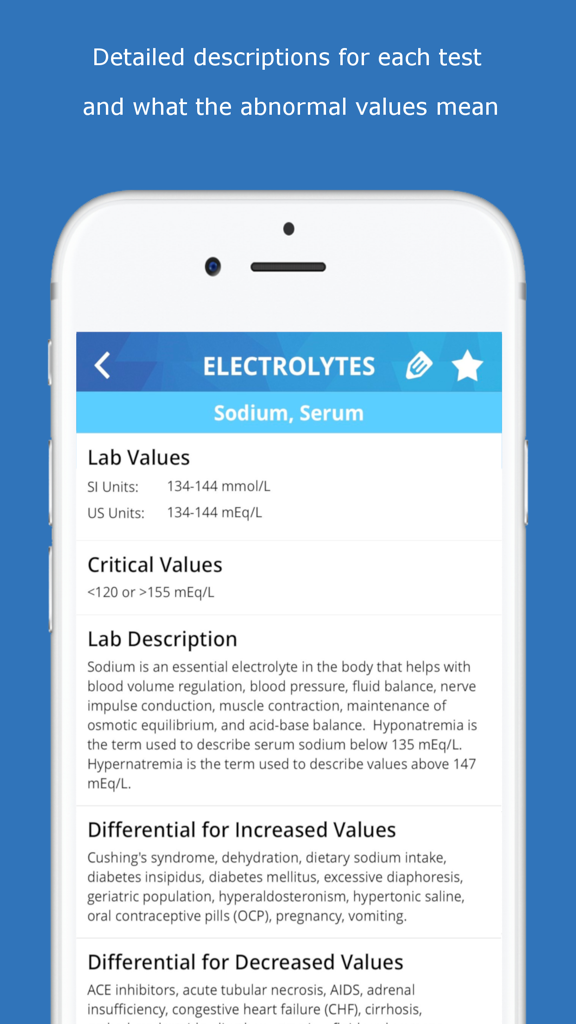 Lab Values Medical Reference - Uma interface móvel exibindo informações médicas detalhadas para valores de laboratório de Sódio Sérico, incluindo faixas de referência e diagnósticos diferenciais