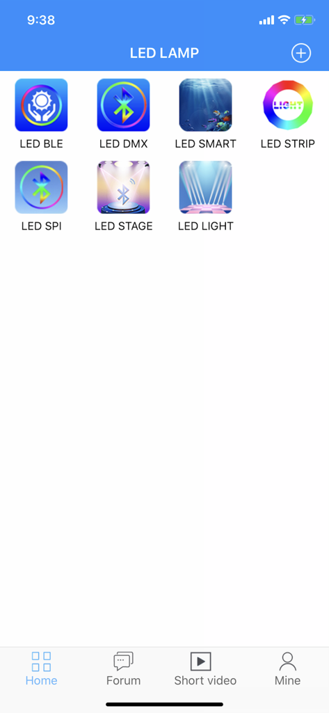 Schermata principale dell'applicazione LAMPADA LED che mostra le opzioni di controllo per l'illuminazione LED BLE DMX e SMART