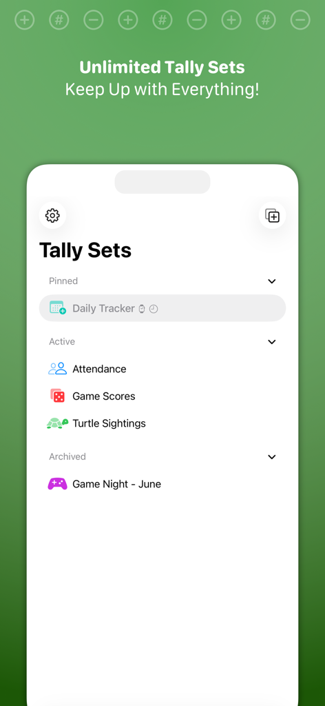 Tally app interface showing organized tally sets for tracking attendance, game scores, and habit progress