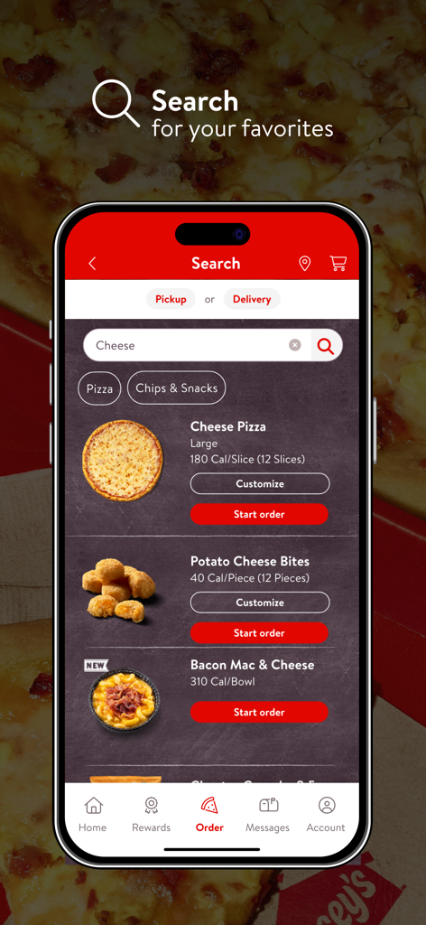 Search interface of the Casey's app showing pizza and snacks for mobile ordering