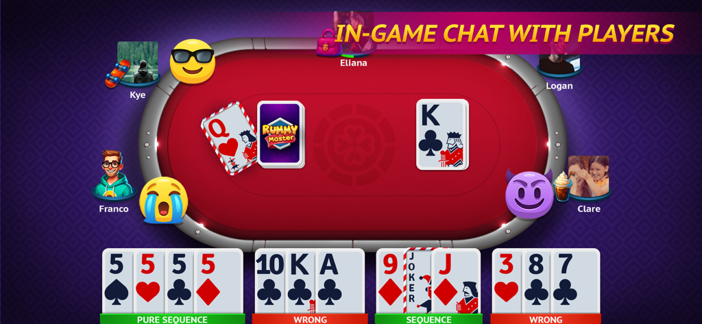 Rummy Master - Rummy Master gameplay screen showing real time multiplayer chat with player avatars and card sequences