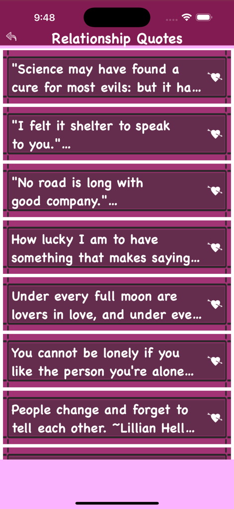 Romantic Quotes Latest Status - A list of relationship quotes displayed in a purple mobile app interface