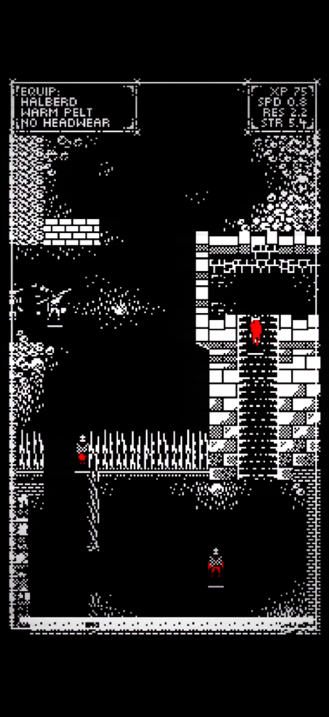 Trail of Gods - Gameplay screenshot showing a character climbing a ladder in a 1-bit pixel art environment