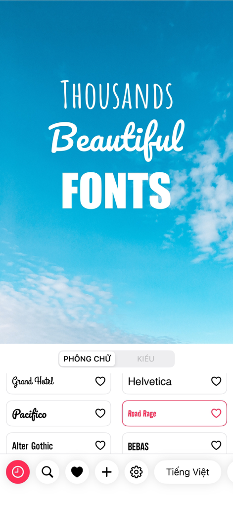TextArt - Text on Photo Editor - A mobile app screen showing various font styles such as Pacifico and Helvetica with a text overlay on a blue sky image.