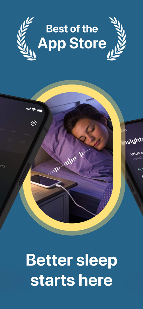 Snore Tracker - Record Snoring - Snore Tracker app promotional screen featuring a woman sleeping peacefully and AI-powered sleep monitoring data on an iPhone