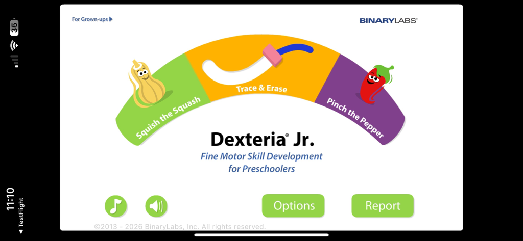 Dexteria Jr. - Menu principal de Dexteria Jr. montrant trois activités de motricité fine pour enfants d'âge préscolaire : Écraser le haricot, Tracer et effacer, et Pincer le poivron