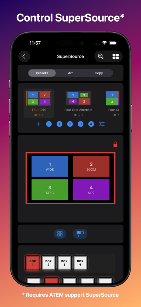 MixEffect Pro iPhone interface for controlling SuperSource layout presets in live video productions