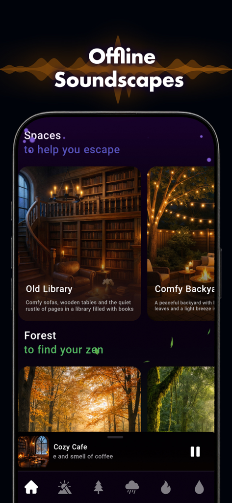 Study Ambience app interface showing offline soundscapes including Old Library and Forest for deep focus.