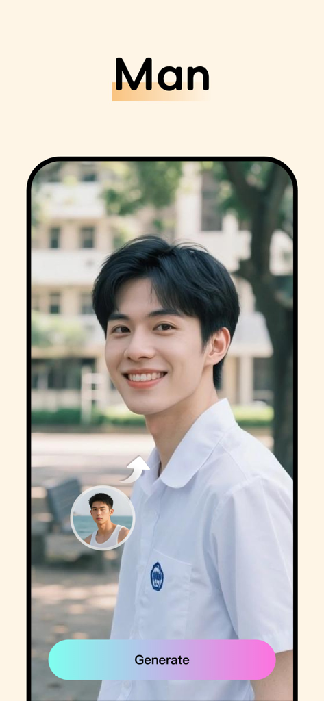 闪秀 - 高颜值写真照片、 一键换装秒出大片 - Interface of ShanXiu app showing a man style AI portrait generation