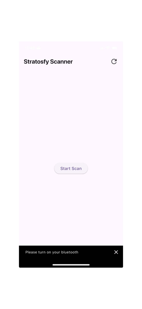Sensor Scanner app home screen with a Start Scan button and Bluetooth alert.