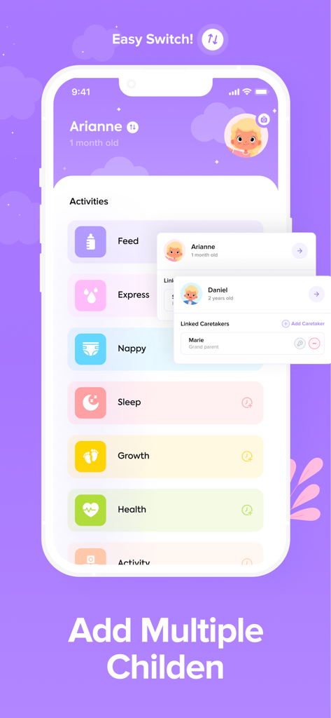 Baby Tracker by CS - Interfaz de la aplicación Baby Tracker que muestra cómo agregar y cambiar entre perfiles de varios niños y rastrear actividades diarias.