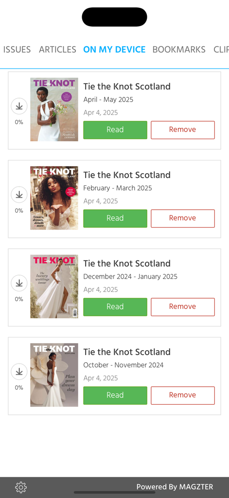 Tie the Knot Scotland - Digital library of Tie the Knot Scotland magazine issues showing various bridal covers and download options.