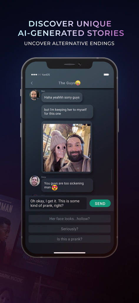 Scriptic: Crime Stories - Interaktive Chat-Oberfläche in Scriptic, die Optionen für Benutzerauswahl für eine KI-generierte Geschichte anzeigt.