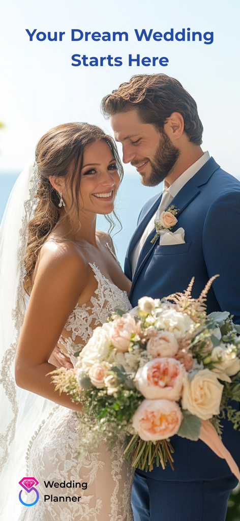 新郎新婦が抱き合っており、テキスト「Your Dream Wedding Starts Here」が表示されている画像