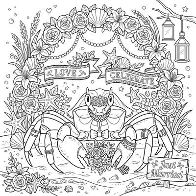 Explore a truly unique celebration with this adorable Ghost Crab Wedding coloring page. This charming design features a dapper ghost crab in full wedding attire, ready to tie the knot amidst beautiful beach-themed decorations.