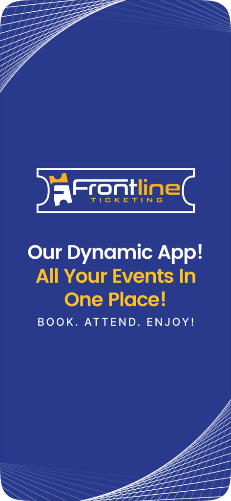 Frontline Ticketing mobile app splash screen featuring the logo and slogan All Your Events In One Place on a blue background