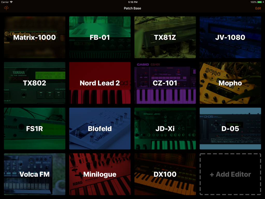 A grid of various hardware synthesizer patch editors displayed in the Patch Base app library