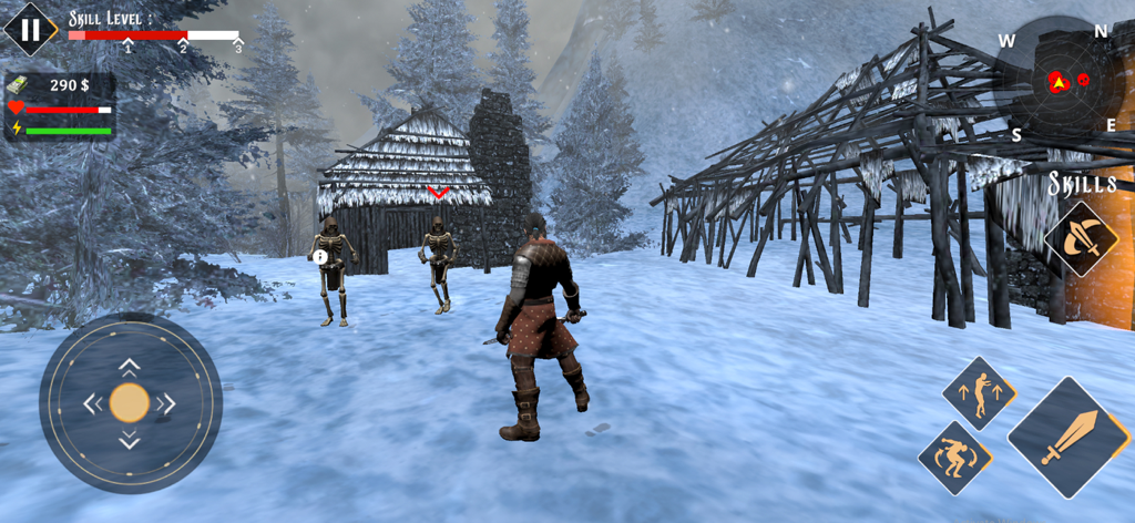 Undead: Sword Fighting Games - A third-person view of a warrior fighting skeletons in a snowy dark fantasy village.
