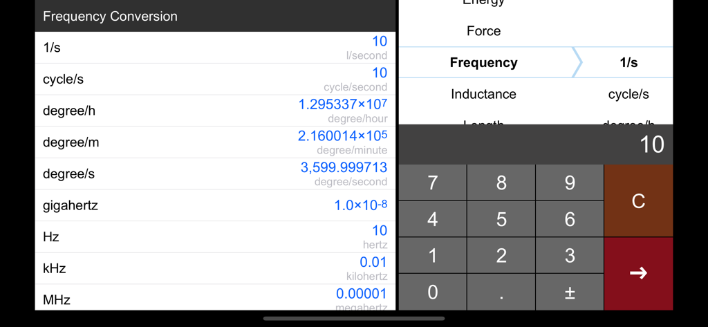 Unit Converter HD. - Frequency conversion interface in Unit Converter HD showing various frequency units and a numeric keypad