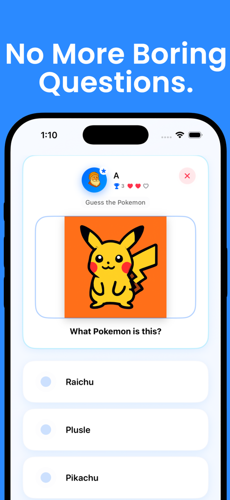 Trivia King: The Quiz of Kings - A screenshot of the Trivia King app featuring a Pokemon trivia question with an image of Pikachu and multiple choice answers.