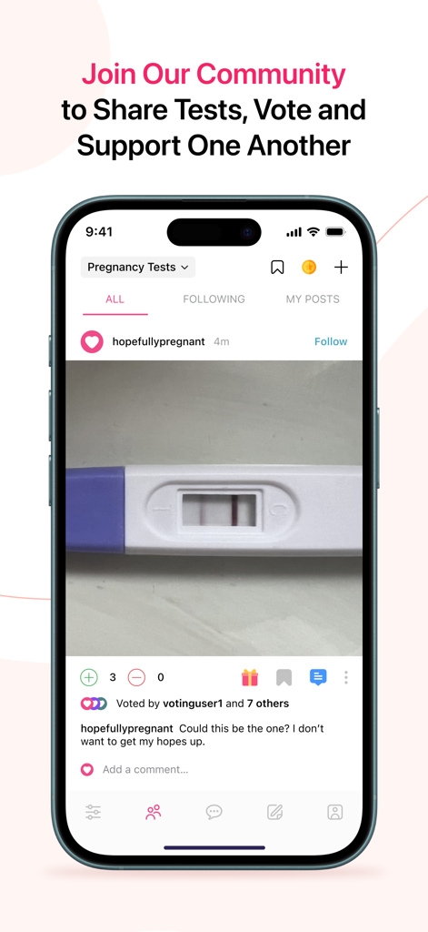 Screenshot of the Pregnancy Test Checker app showing the community feed where users share test photos for support and voting.