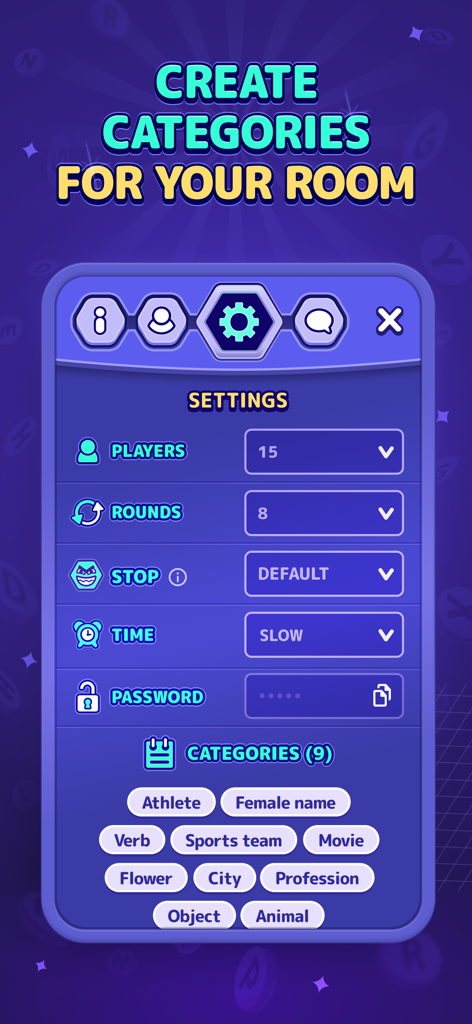 Interface of StopotS app showing settings for a private game room with custom category selections like Athlete and Movie.