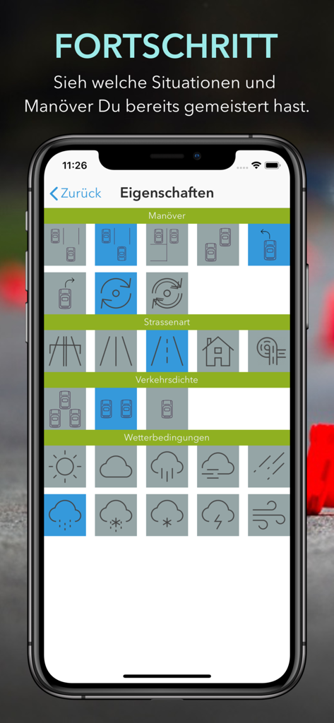 A driving progress screen in the iTheory DriveTrack app showing completed maneuvers, road types, traffic levels, and weather conditions.