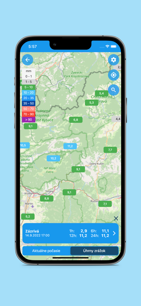 Map view of the Aladin weather app showing regional precipitation totals in millimeters