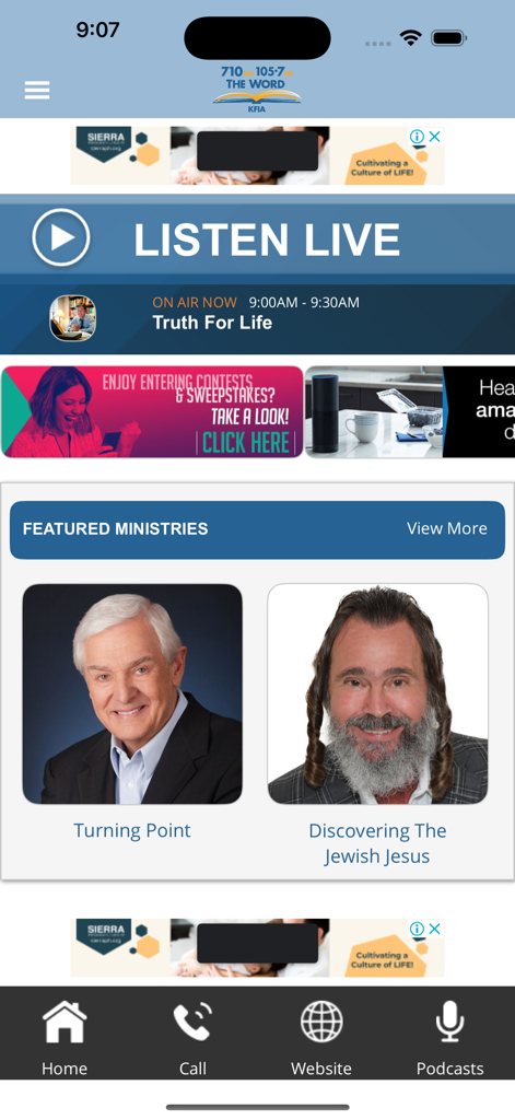 710AM 105.7FM The Word - Interface of the KFIA 710AM radio app showing the Listen Live button and featured religious programs