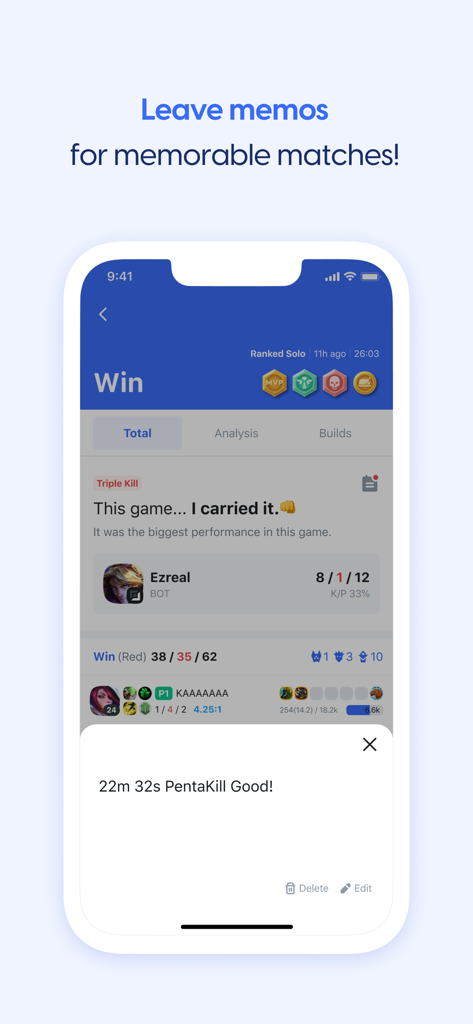 OP.GG - OP.GG app screen showing match notes and performance badges for a League of Legends game.