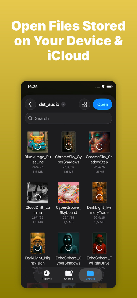 Le navigateur de fichiers du lecteur de musique Evermusic affiche les fichiers audio stockés sur l'appareil et sur iCloud.