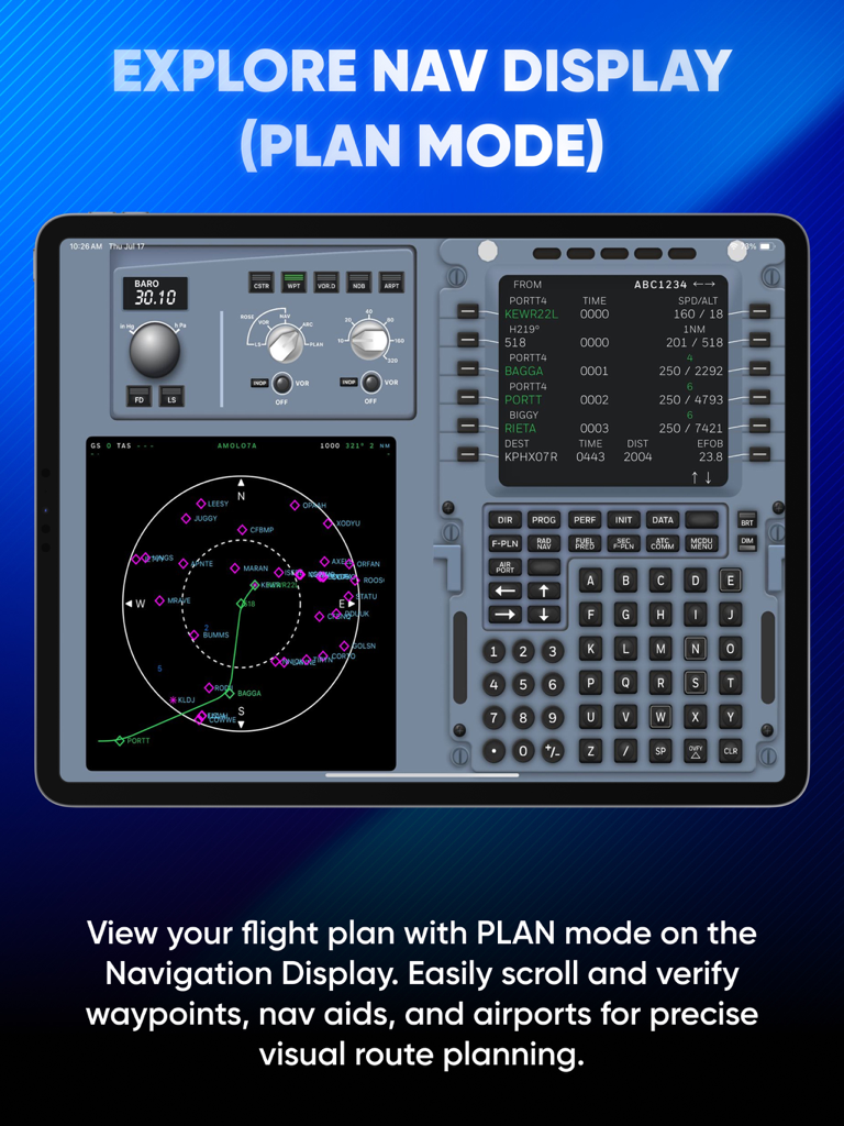 Aplicación de entrenamiento Airbus A320 FMS que muestra la Pantalla de Navegación en modo PLAN y el MCDU con un plan de vuelo.