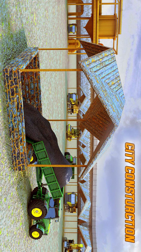 A green tractor dumping cargo under a shelter in a city construction simulation game.