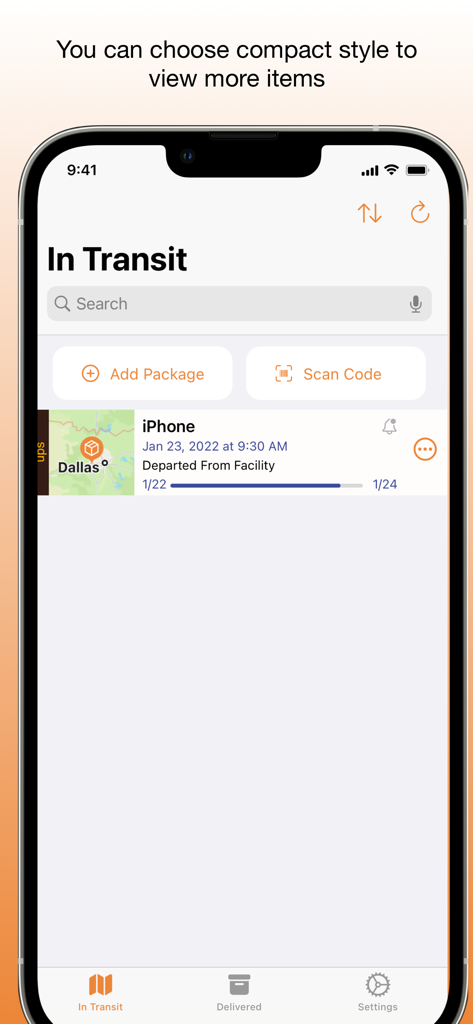 My Package Pro - My Package Pro app screen showing a package in transit from Dallas with a progress bar and map thumbnail